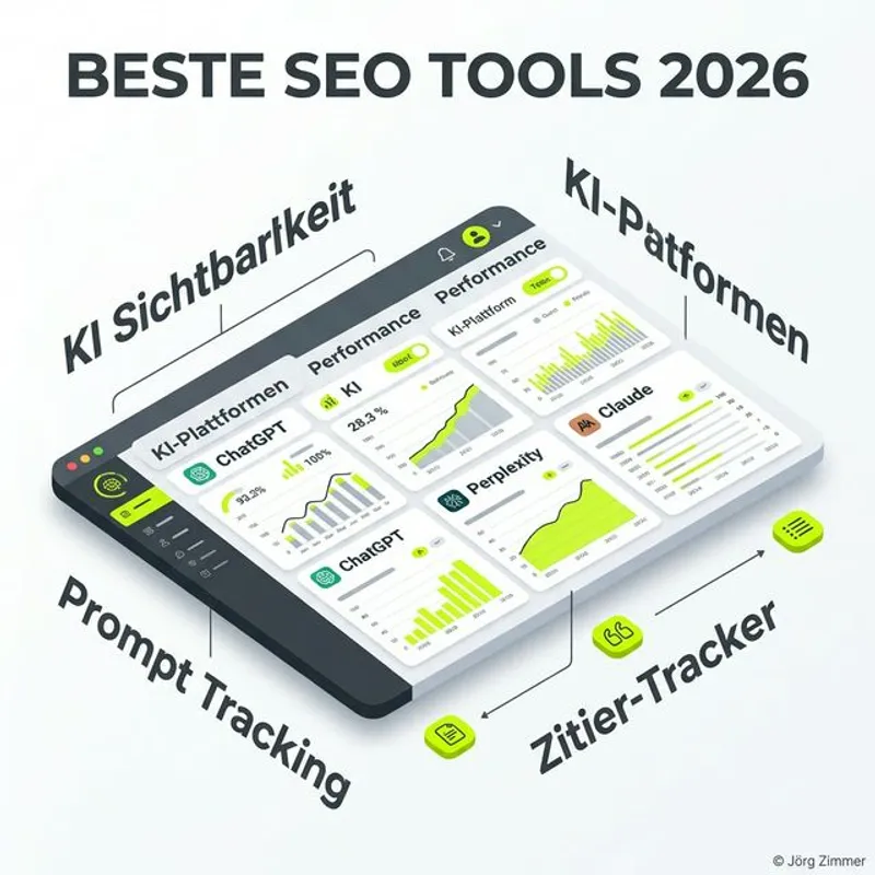 Beste SEO Tools für AI Search 3D Grafik - Dashboard Übersicht für KI-Sichtbarkeit