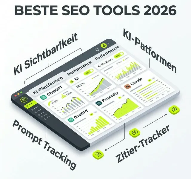 Beste SEO Tools für AI Search 3D Grafik - Dashboard Übersicht für KI-Sichtbarkeit