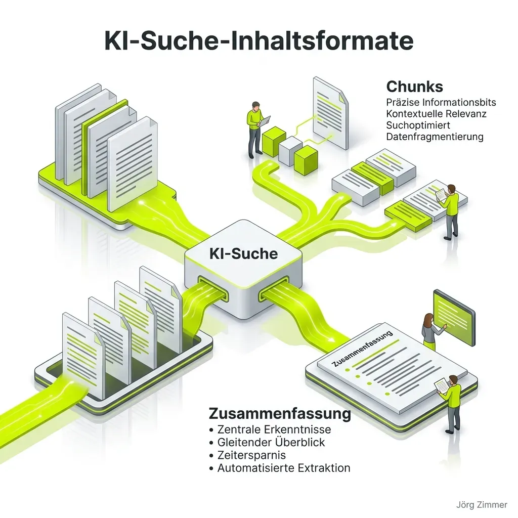 3D Infografik: Content Formate (Chunks, Zusammenfassungen) in der KI-Suche