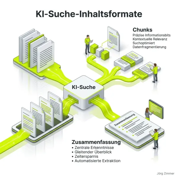 3D Infografik: Content Formate (Chunks, Zusammenfassungen) in der KI-Suche