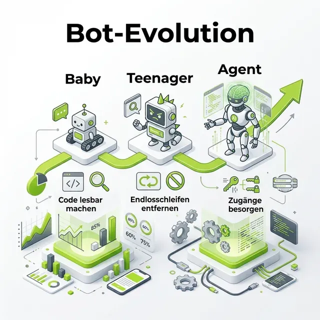 Infografik: Bot-Evolution – Vom Baby-Crawler zum zickigen Teenager zum KI-Agenten