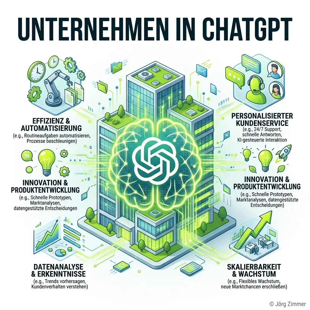 3D Illustration - Unternehmen in ChatGPT integrieren mit lime-grünen Akzenten