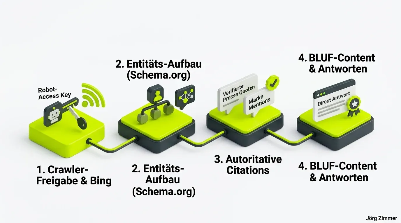 ChatGPT B2B Sichtbarkeit 4-Stufen Pipeline 3D-Infografik