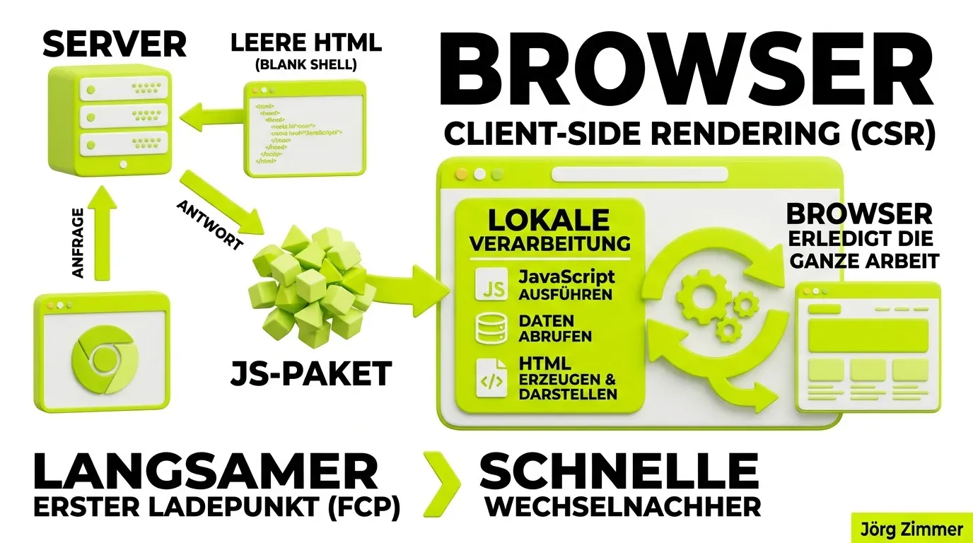 CSR Client-Side Rendering Infografik mit JavaScript Browser Verarbeitung