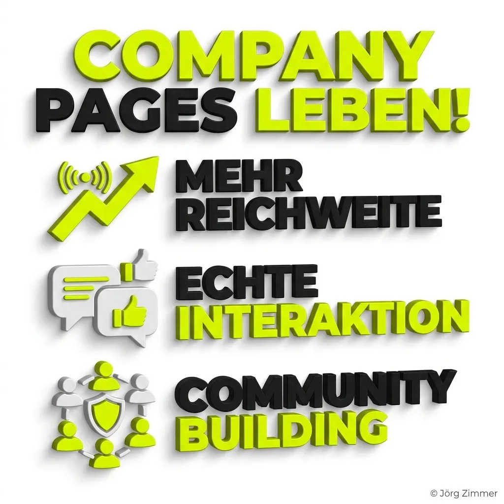 3D Infografik: Company Pages leben, Mehr Reichweite, Echte Interaktion, Community Building