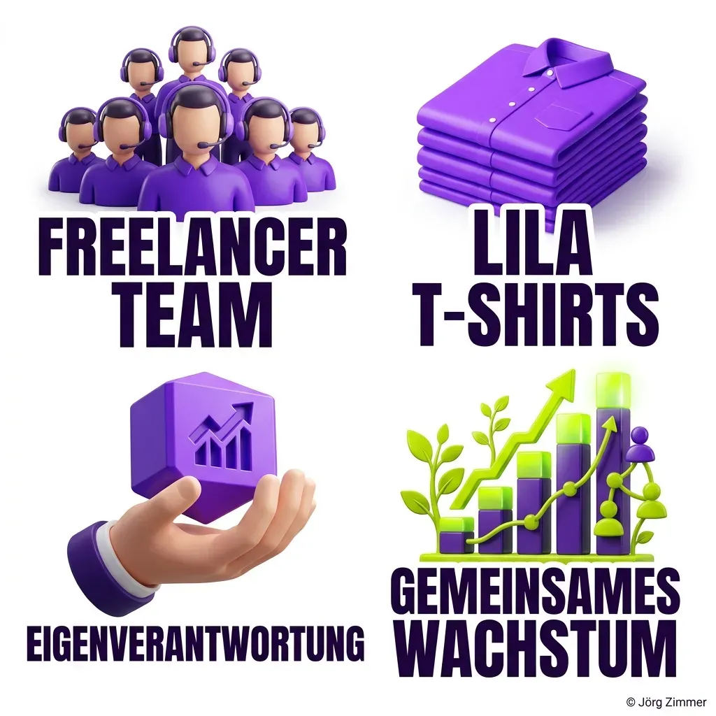 3D Infografik: Freelancer Team, Lila T-Shirts, Eigenverantwortung, Gemeinsames Wachstum