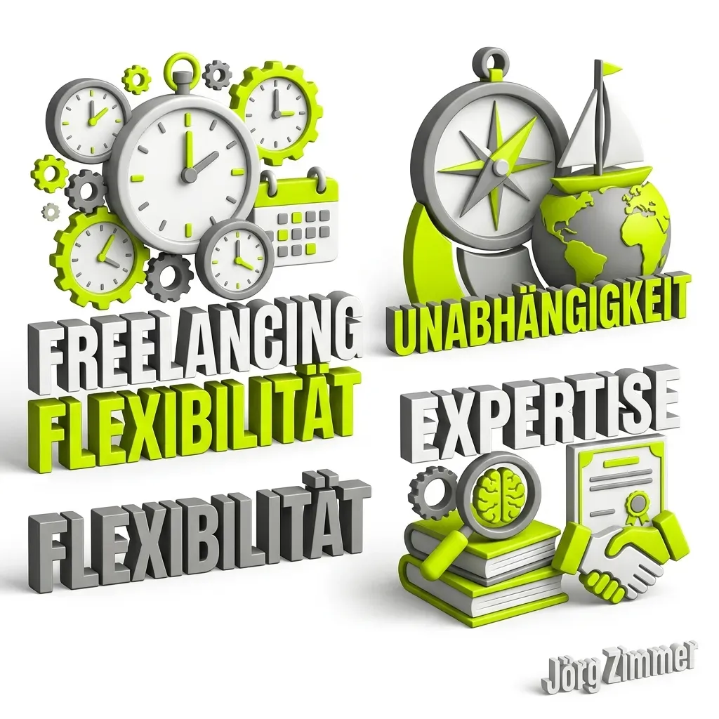 3D Infografik: Freelancing, Flexibilität, Unabhängigkeit, Expertise