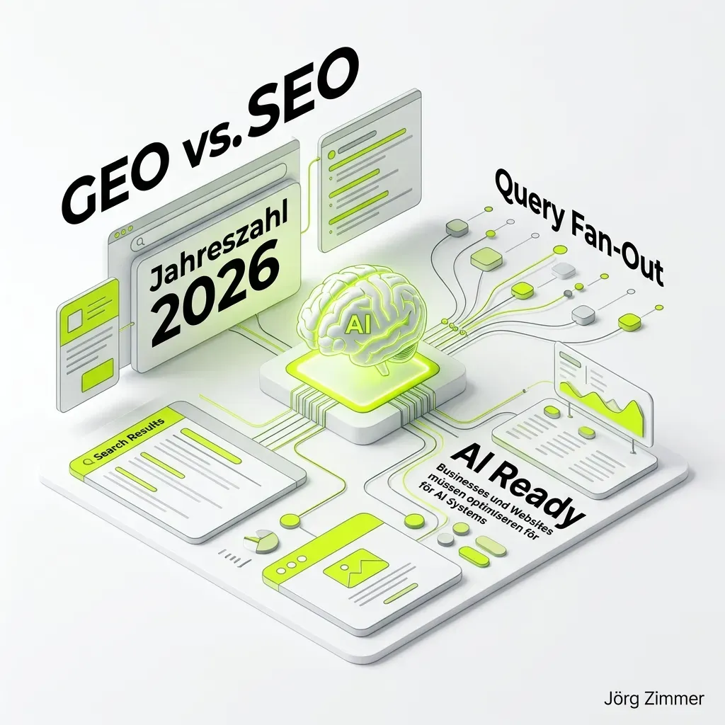 3D Infografik zum Thema GEO vs. SEO mit Jahreszahl 2026 und KI-Gehirn