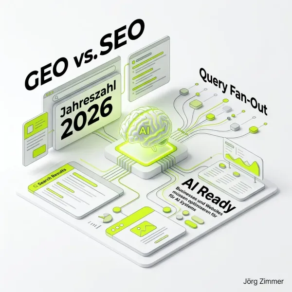 3D Infografik zum Thema GEO vs. SEO mit Jahreszahl 2026 und KI-Gehirn