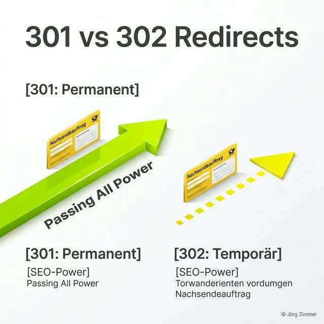 301 vs 302 Redirects 3D Infografik - Vergleich zwischen permanentem und temporärem Redirect