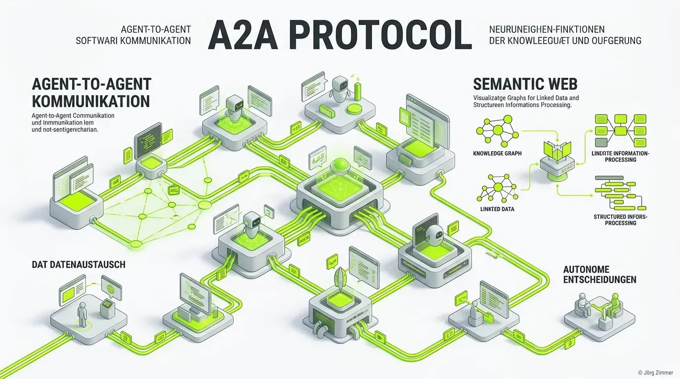 3D Infografik zur Agent-to-Agent Kommunikation und dem A2A Protokoll
