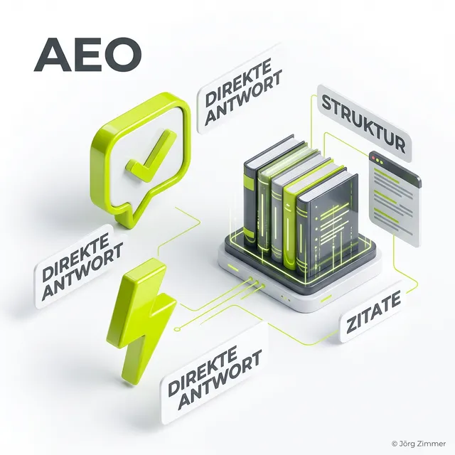 AEO 3D Infografik - Answer Engine Optimization für KI