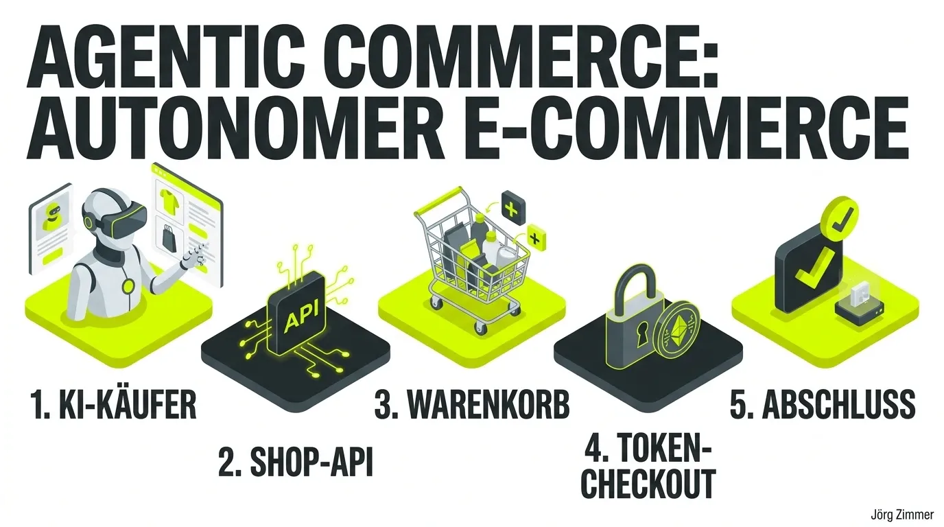 3D Infografik zum Thema Agentic Commerce und autonomer KI-Handel mit Token-Checkout