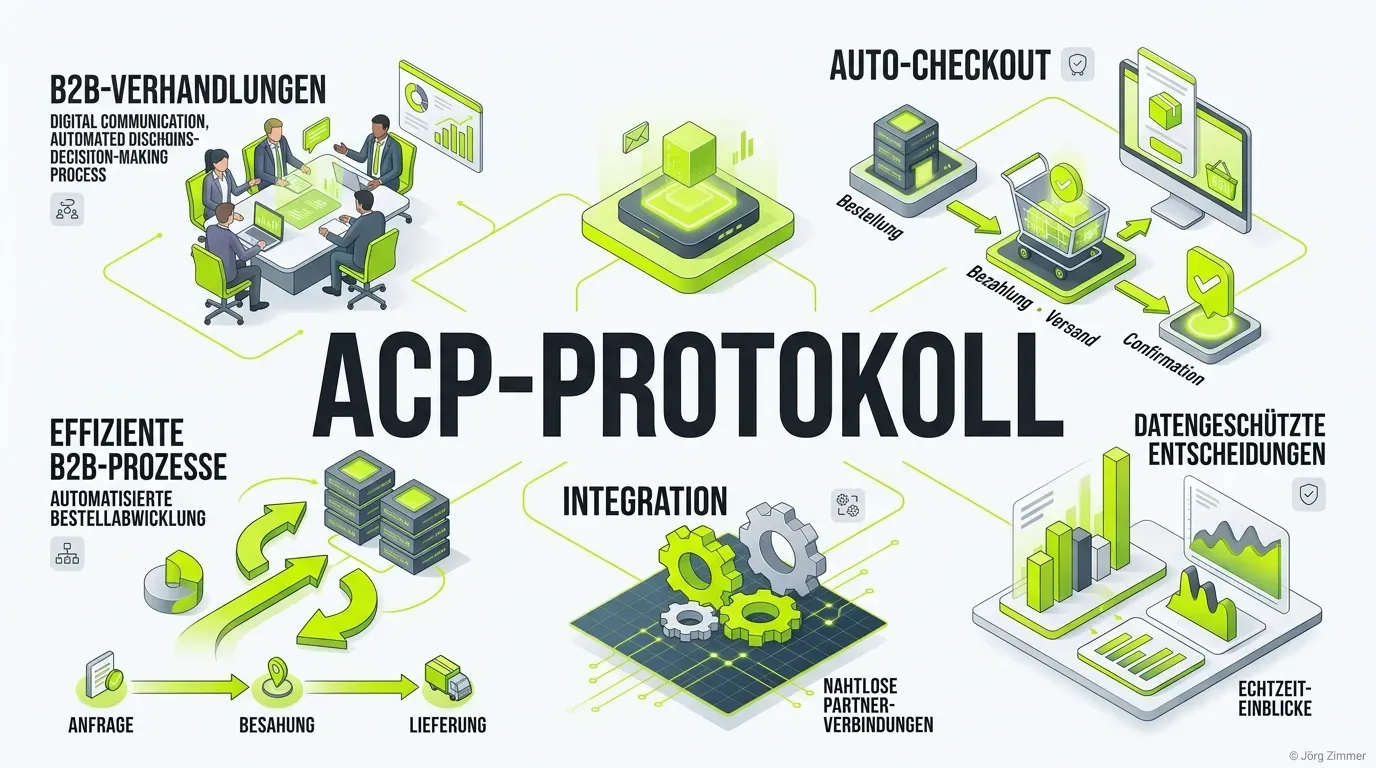 3D Infografik zum Agentic Commerce Protocol (ACP) mit B2B-Verhandlungen und Auto-Checkout
