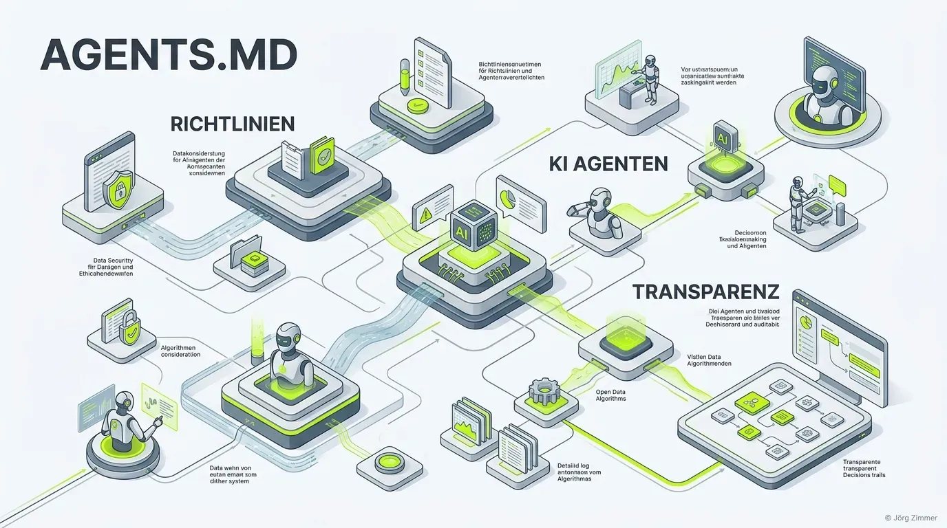 3D Infografik zum Thema agents.md als maschinenlesbares README für Code- und Web-Projekte