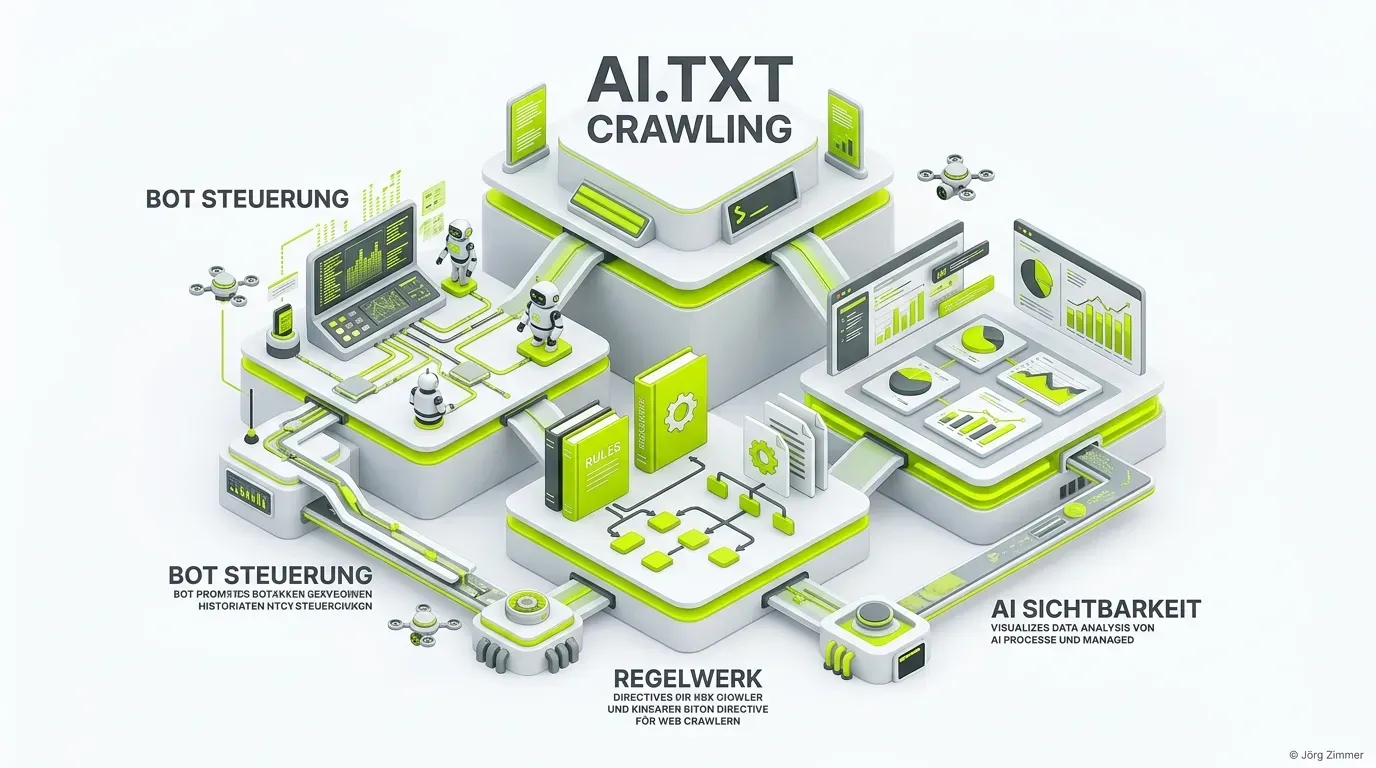3D Infografik zum Thema ai.txt Crawling und Bot-Steuerung