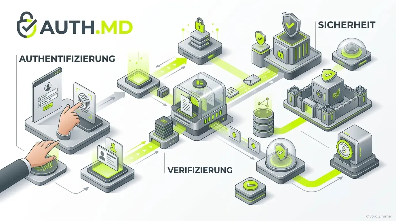 3D Infografik zum Thema auth.md und maschinenlesbarer Authentifizierung für Agenten