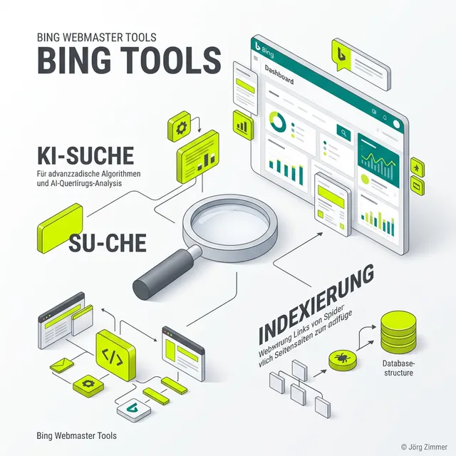 Bing Webmaster Tools 3D Infografik - KI und Suche