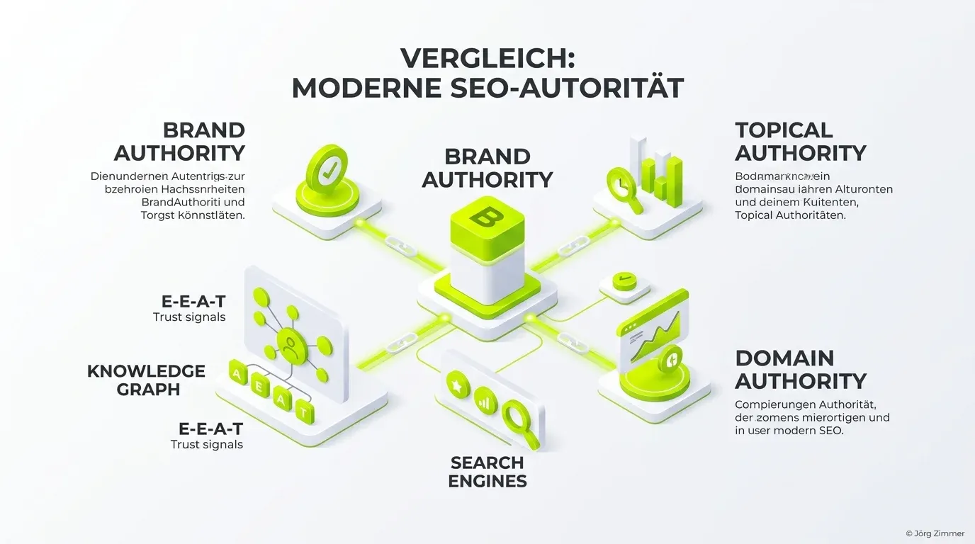 Brand Authority 3D Infografik - Vergleich zwischen Brand Authority, Domain Authority und Topical Authority