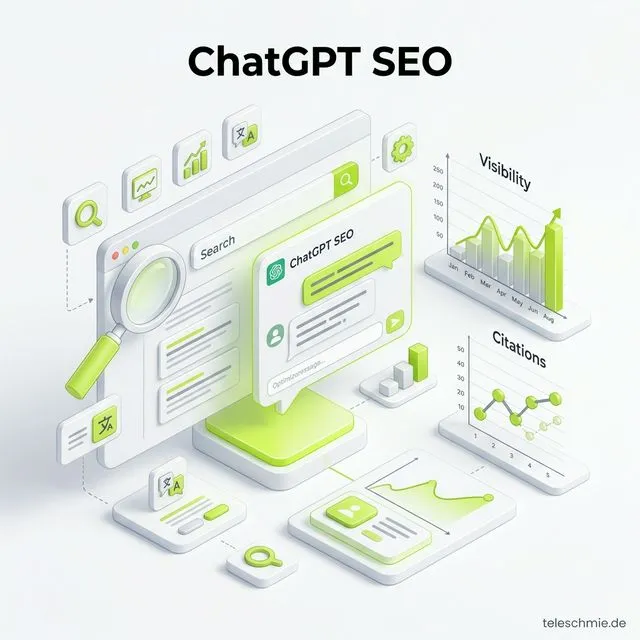 ChatGPT SEO 3D Infografik - Analyse der Sichtbarkeit und Citations in KI-Antworten