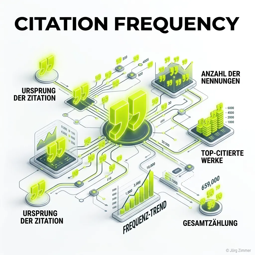 3D Illustration - Citation Frequency mit lime-grünen Zitatzeichen