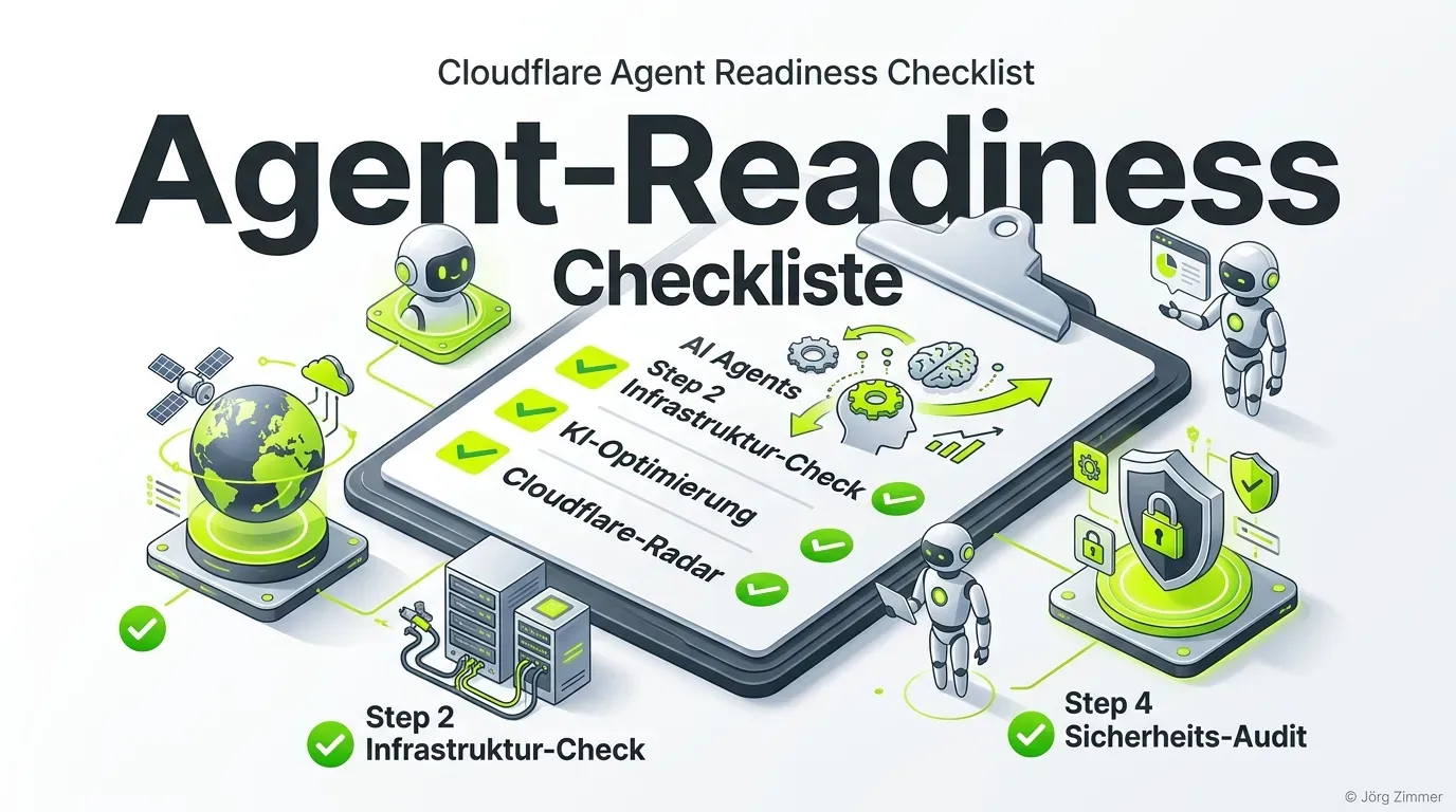 3D-Infografik einer Cloudflare Agent Readiness Checkliste mit KI-Agenten