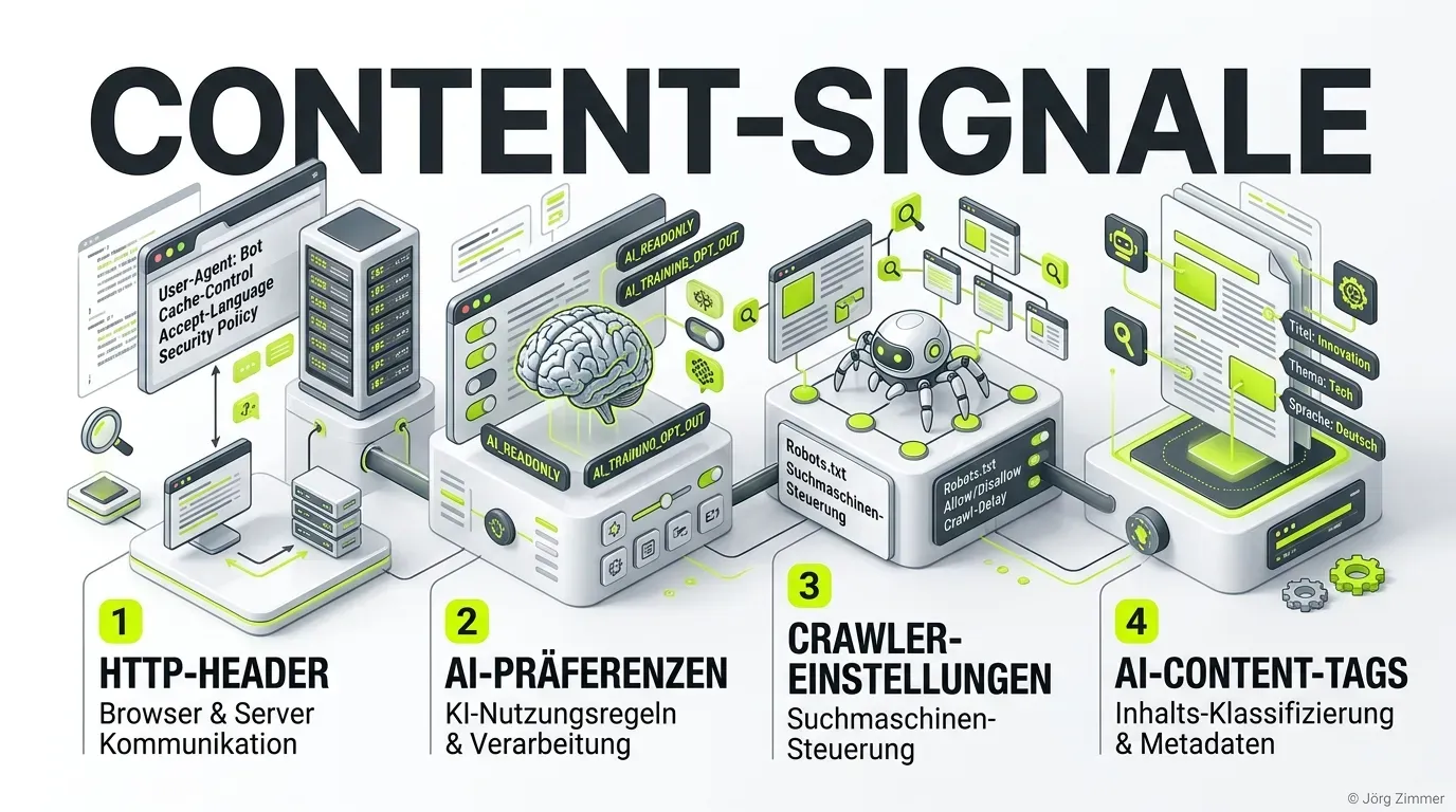 3D Infografik Content-Signale, AI-Präferenzen, HTTP-Header