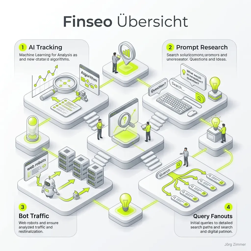 Finseo Übersicht - AI Tracking, Prompt Research und Bot Traffic