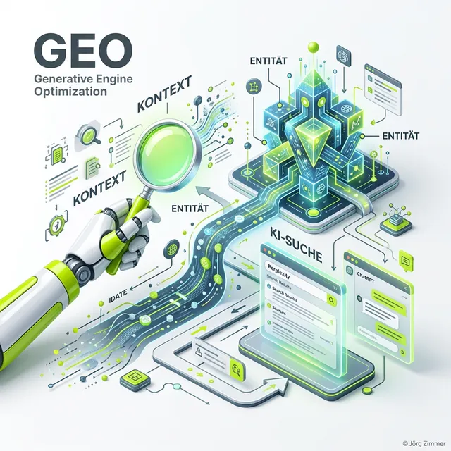 GEO 3D Infografik - Generative Engine Optimization Strategie