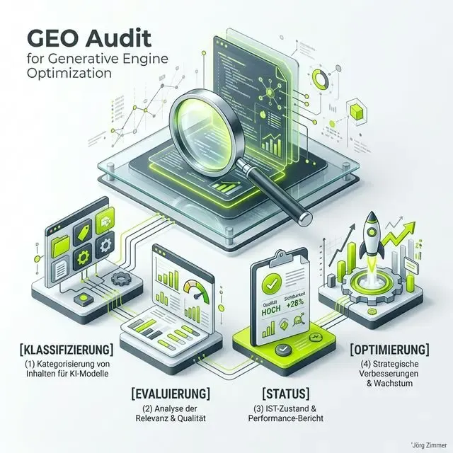 GEO Audit 3D Infografik - Analyse der KI-Sichtbarkeit und Human Trust