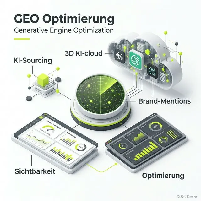 GEO Optimierung 3D Infografik - Radar-Monitoring für KI-Sichtbarkeit und Brand Mentions