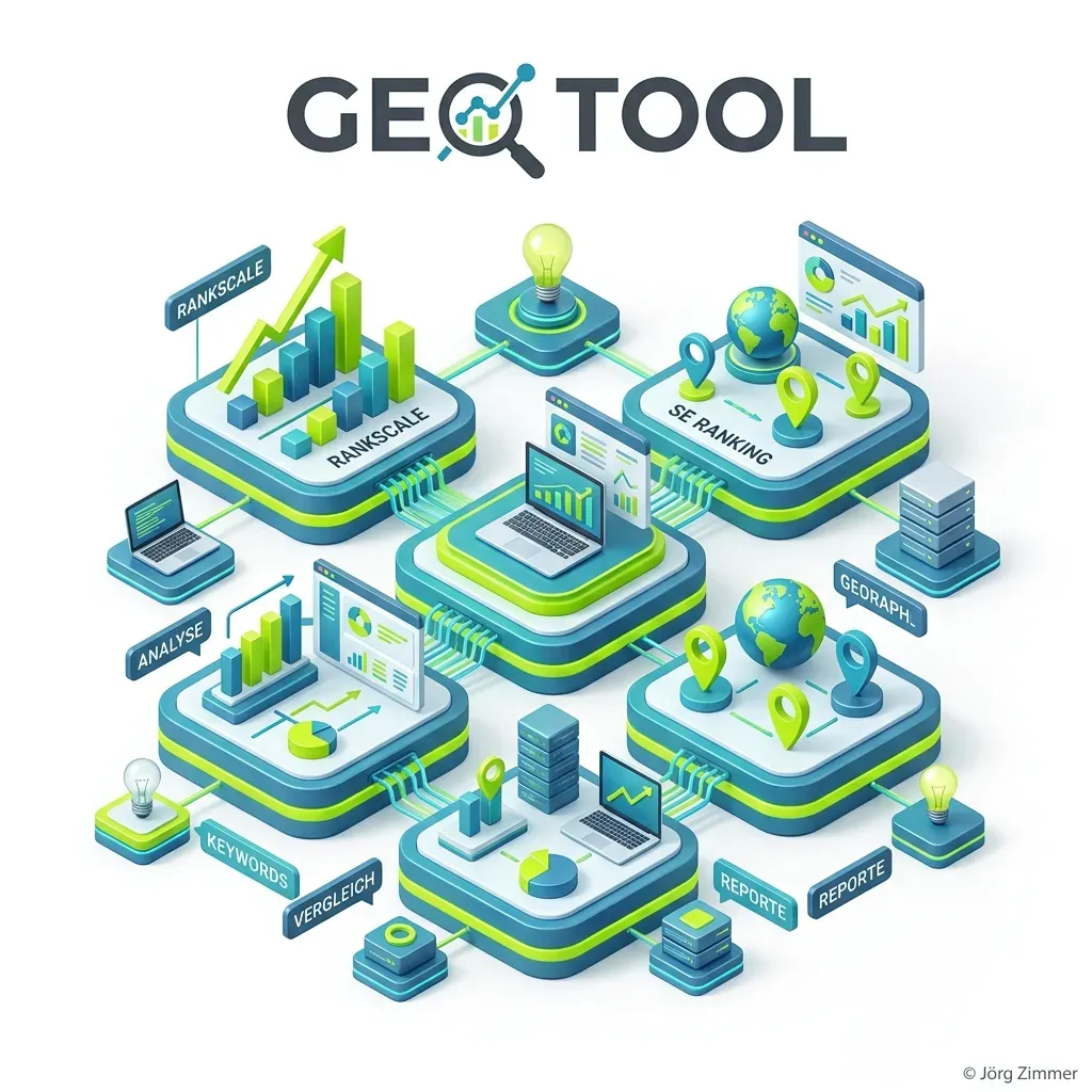 GEO Tool, Rankscale und SE Ranking - Isometrische 3D Grafik