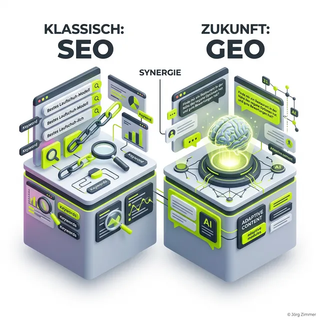 GEO vs. SEO 3D Infografik - Die Evolution der Suche
