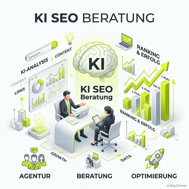 KI SEO Beratung 3D Infografik - Agentur, Beratung und Optimierung im Zusammenspiel