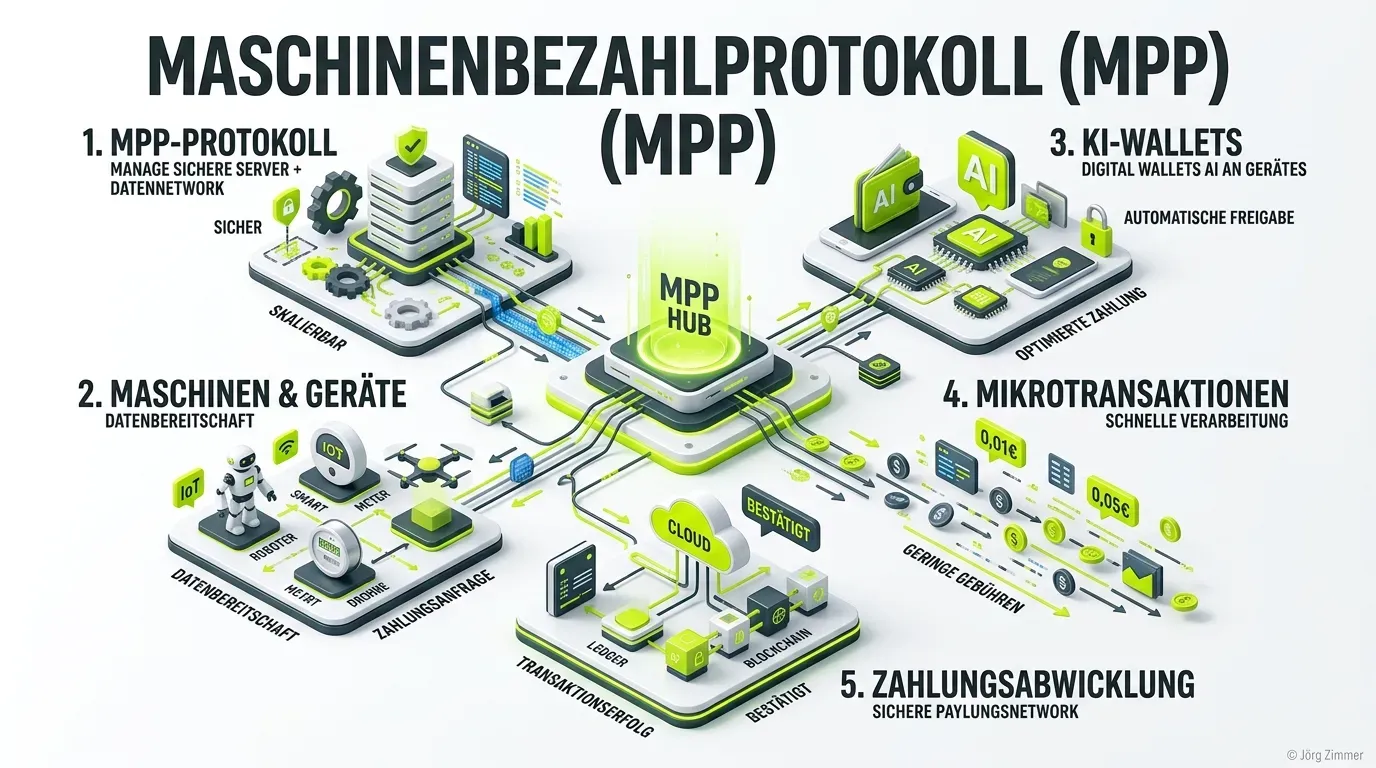 3D Infografik zum Machine Payment Protocol mit KI-Wallets und Mikrotransaktionen