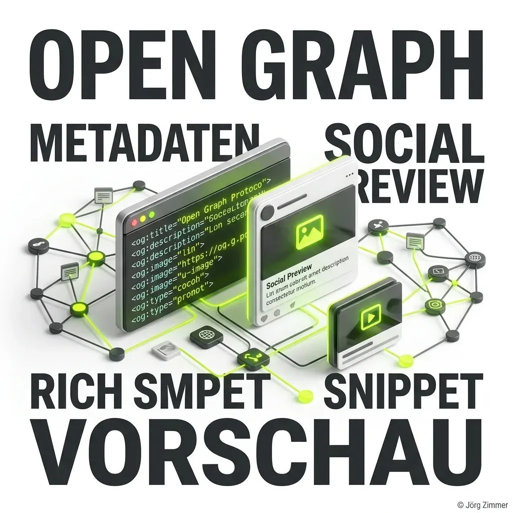 3D-Infografik: Open Graph Protokoll, Metadaten und Social-Media-Vorschau