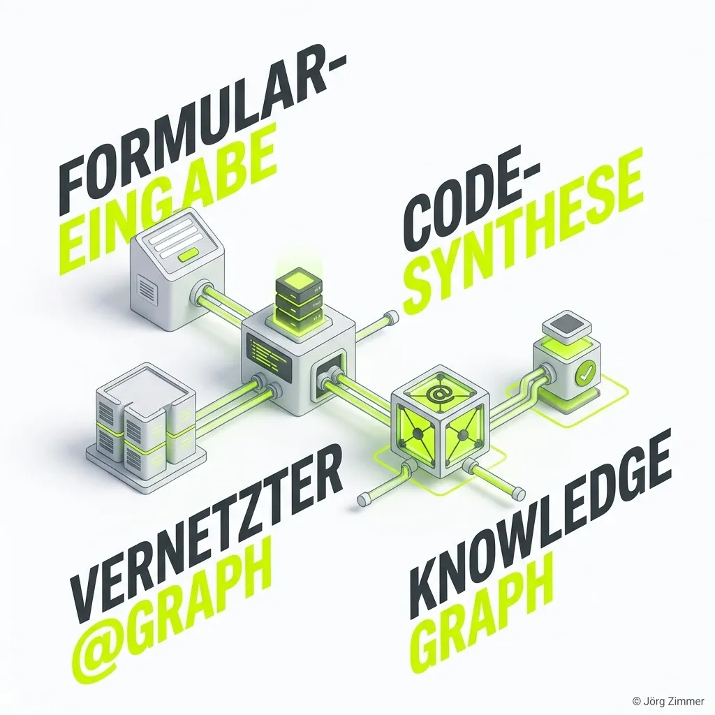 Schema Markup Generator 3D Infografik - Von der Formulareingabe über die Codesynthese zum vernetzten Graph