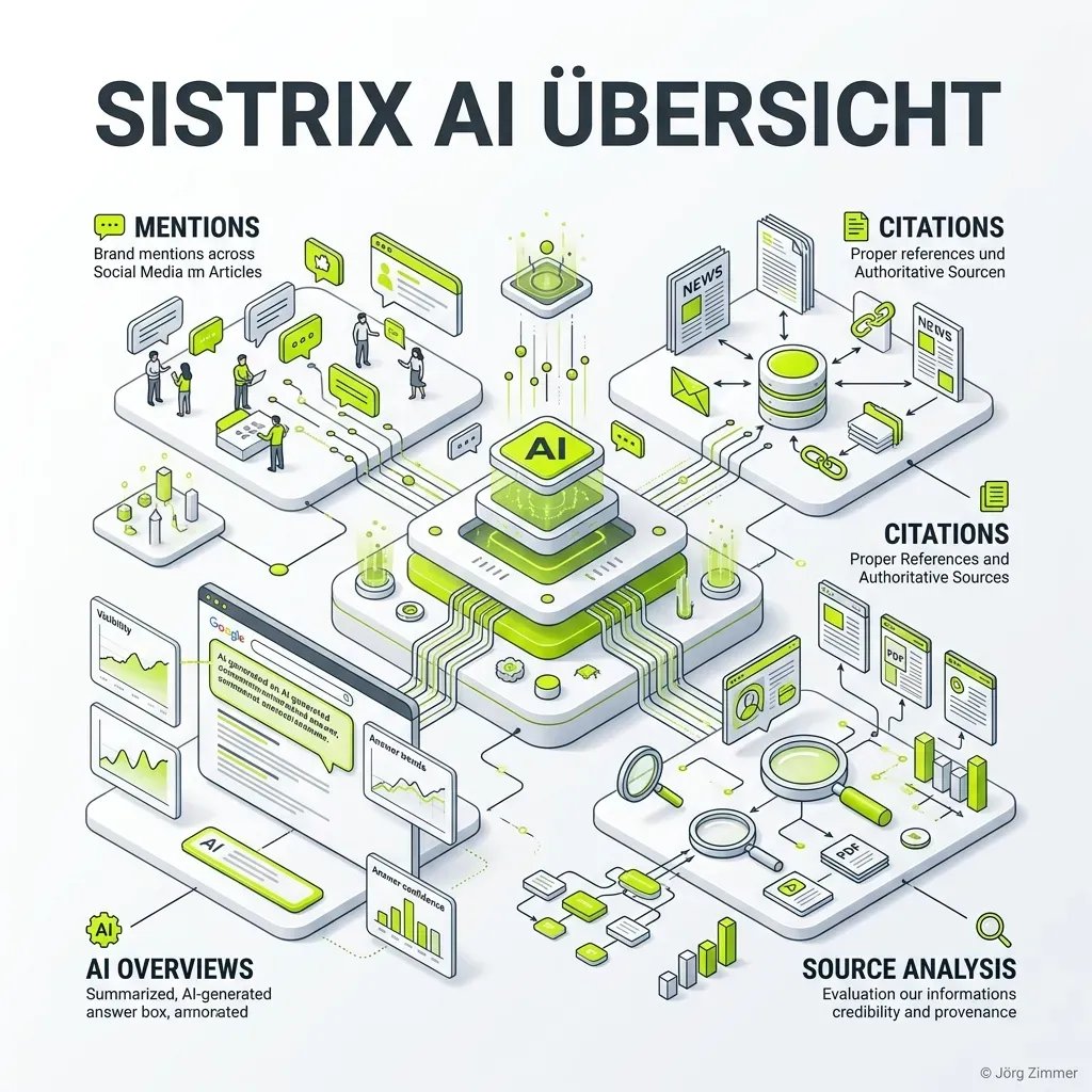 Sistrix AI Übersicht - Mentions, Citations, AI Overviews und Source Analysis