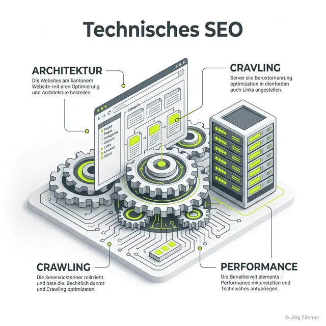 Technisches SEO 3D Infografik - Fundament und Architektur
