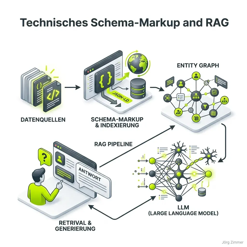 3D Infografik zum Thema Technisches Schema-Markup und RAG Pipeline