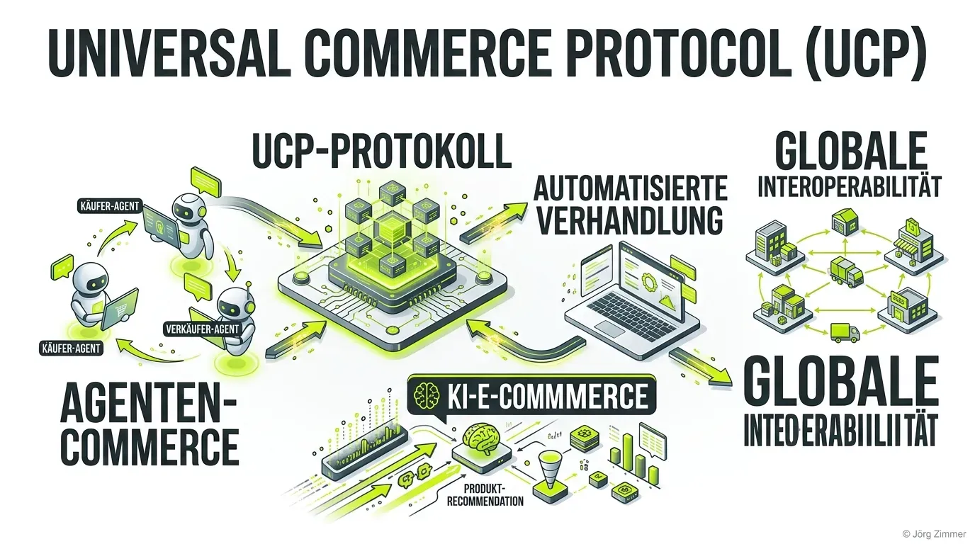 3D Infografik zum Universal Commerce Protocol (UCP), Agenten-Commerce und KI-Verhandlungen