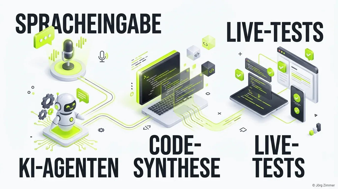 3D-Infografik zu Vibe Coding mit Spracheingabe, KI-Agenten, Code-Synthese und Live-Tests