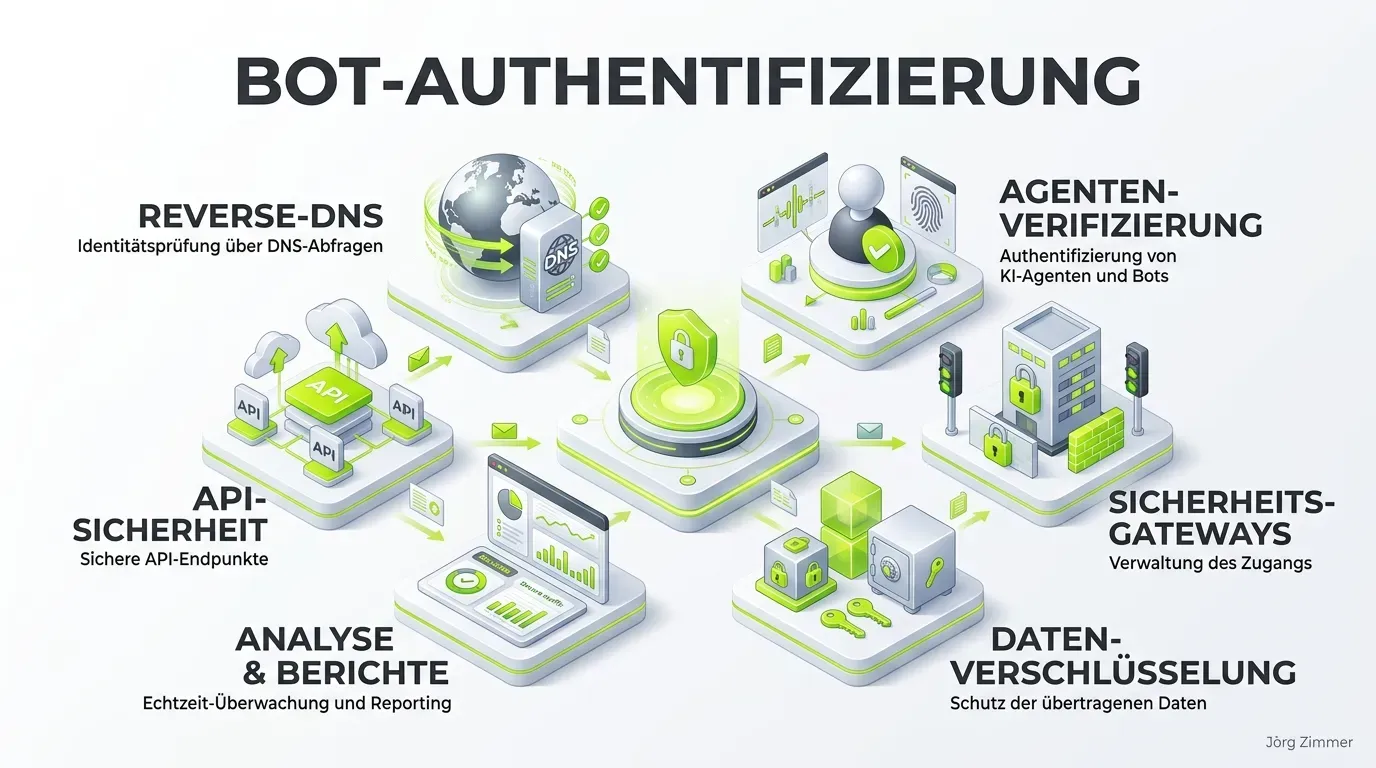 3D-Infografik: Bot-Authentifizierung, Reverse-DNS und Agenten-Verifizierung