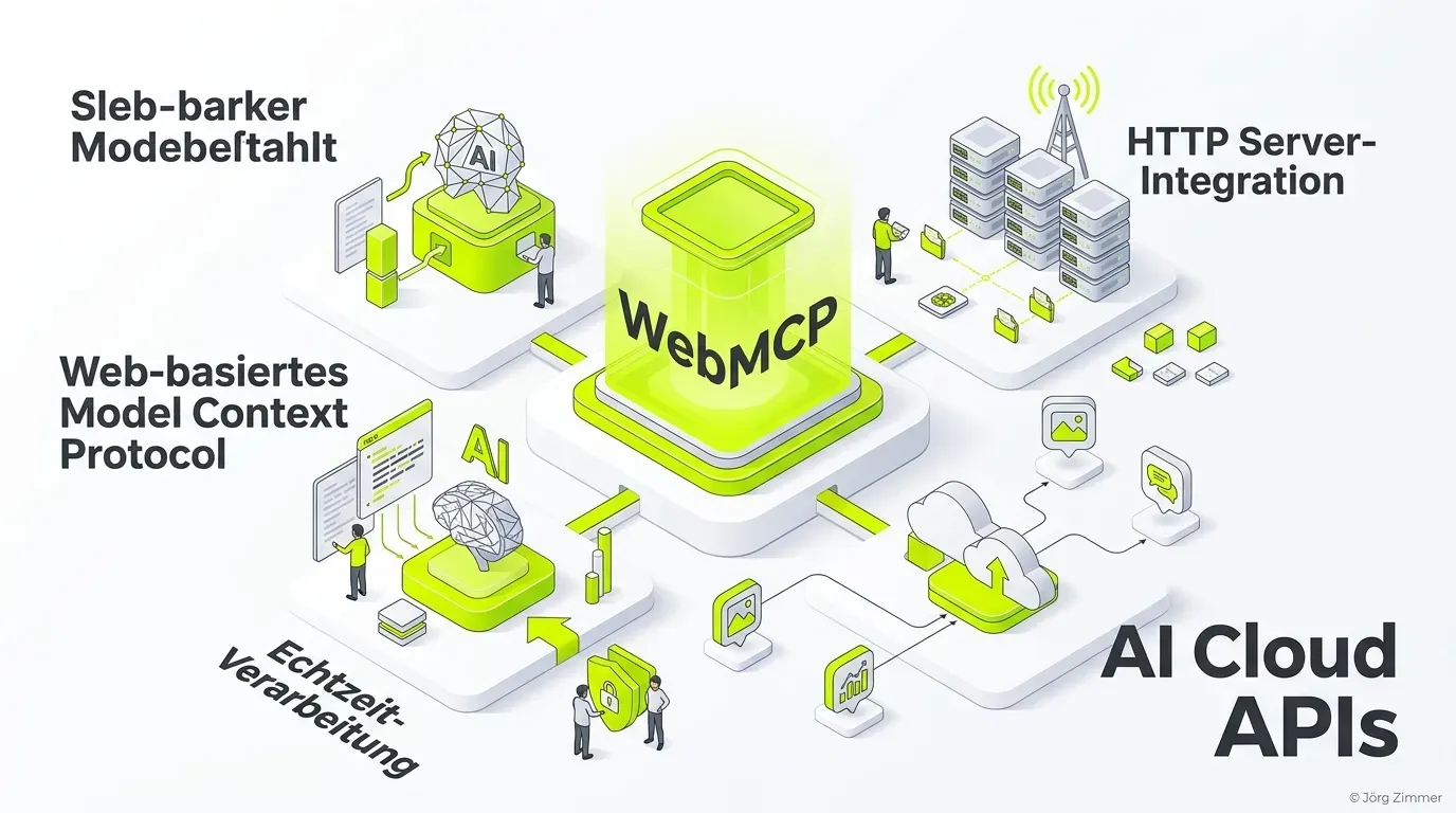 3D Infografik zu WebMCP, HTTP-Integration und Cloud-APIs