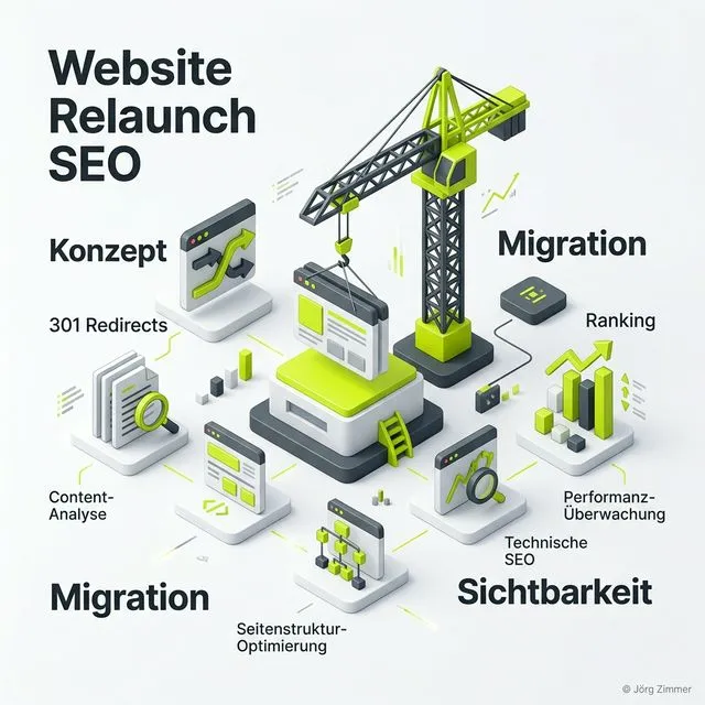 Website Relaunch SEO 3D Infografik - Planung, Migration und Sichtbarkeits-Check