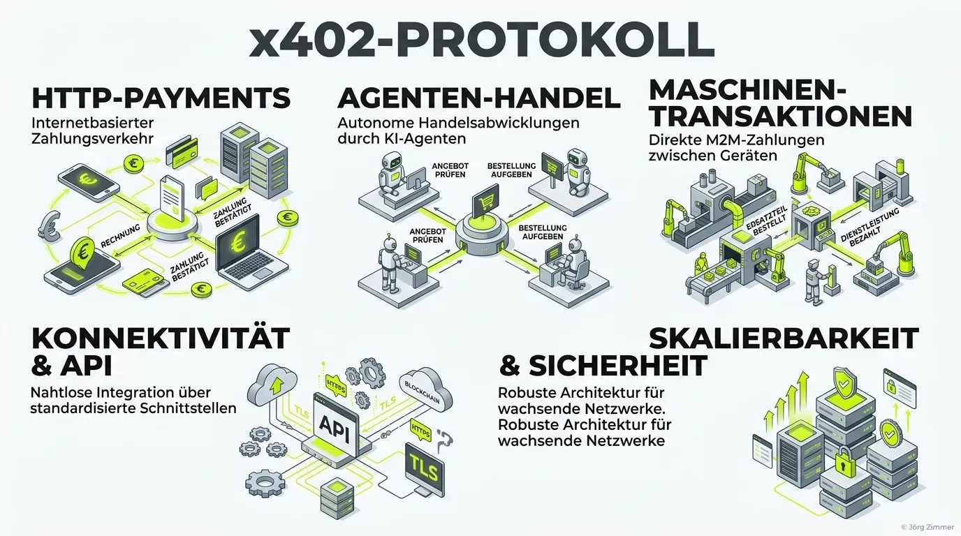 3D Infografik zum x402-Protokoll, HTTP-Payments und Maschinen-Handel