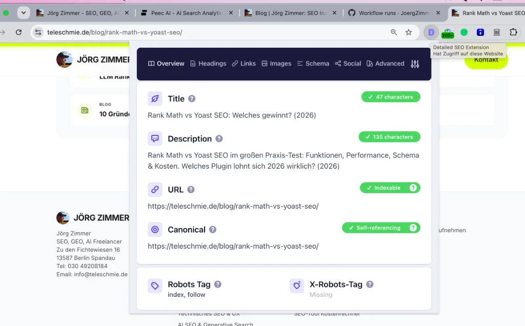 Authentischer Praxistest: Detailed SEO Extension prüft Onpage-Parameter auf teleschmie.de