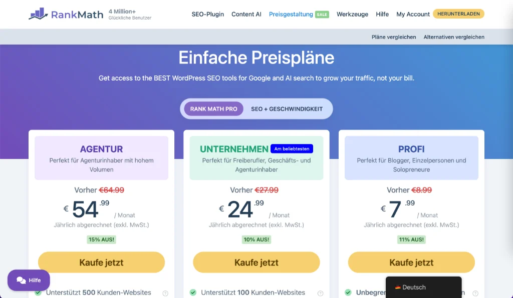 Offizielle Rank Math Pro Preispläne und Rabatt-Angebote
