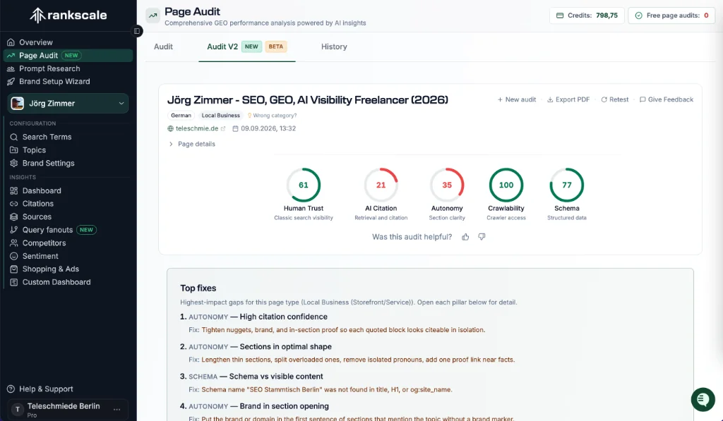 Authentischer Praxistest: Rankscale GEO Page-Audit V2 für teleschmie.de mit 100 % Crawlability