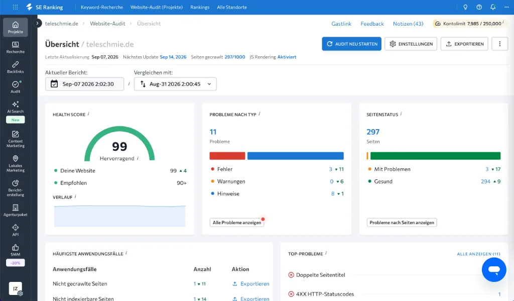 SE Ranking Website Audit Dashboard mit 99 Prozent Health Score auf teleschmie.de